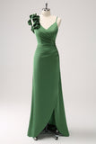 Olive Green Sheath Pleated Satin Long Bridesmaid Dress with Slit