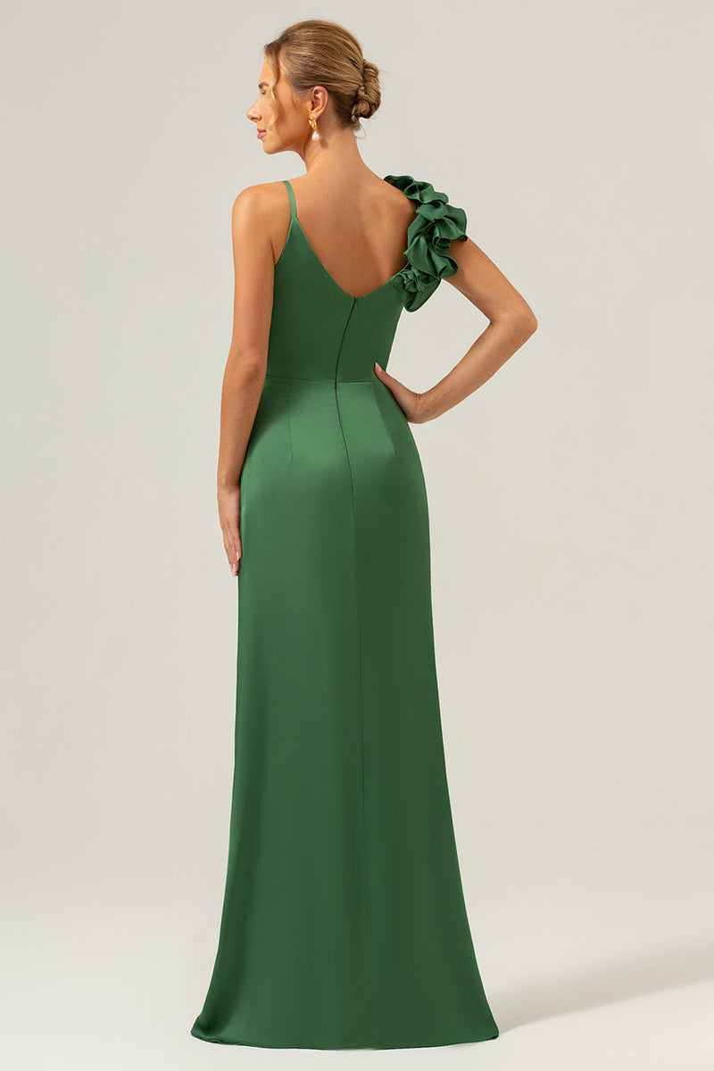 Load image into Gallery viewer, Olive Green Sheath Pleated Satin Long Bridesmaid Dress with Slit