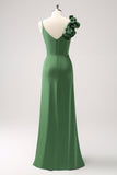 Olive Green Sheath Pleated Satin Long Bridesmaid Dress with Slit