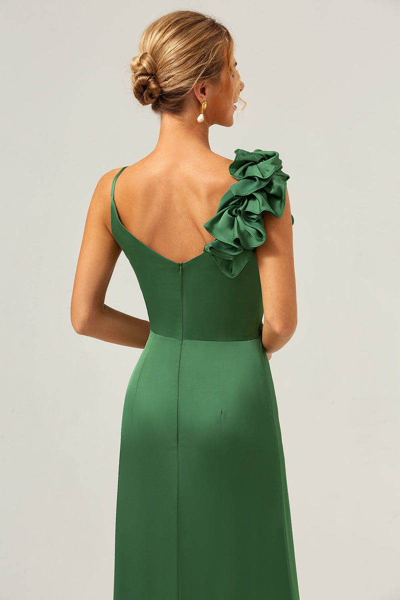 Load image into Gallery viewer, Olive Green Sheath Pleated Satin Long Bridesmaid Dress with Slit