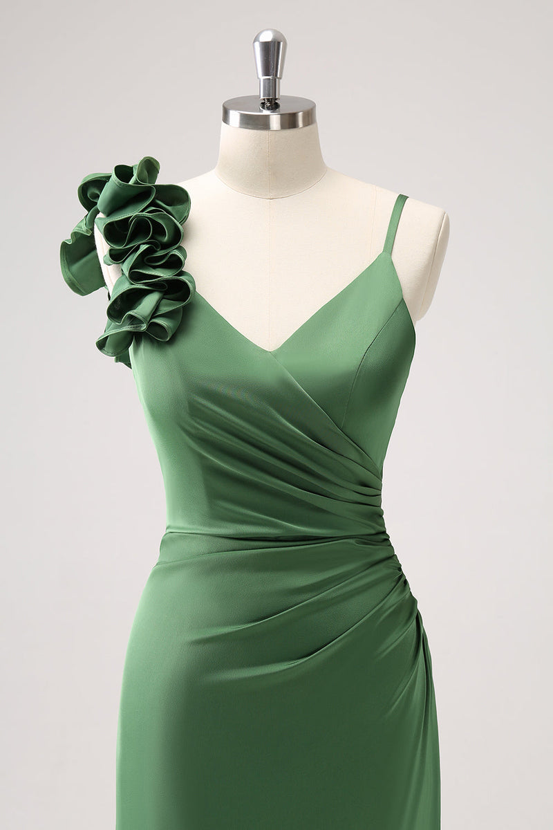 Load image into Gallery viewer, Olive Green Pleated Satin Bridesmaid Dress with Slit