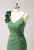 Load image into Gallery viewer, Olive Green Pleated Satin Bridesmaid Dress with Slit