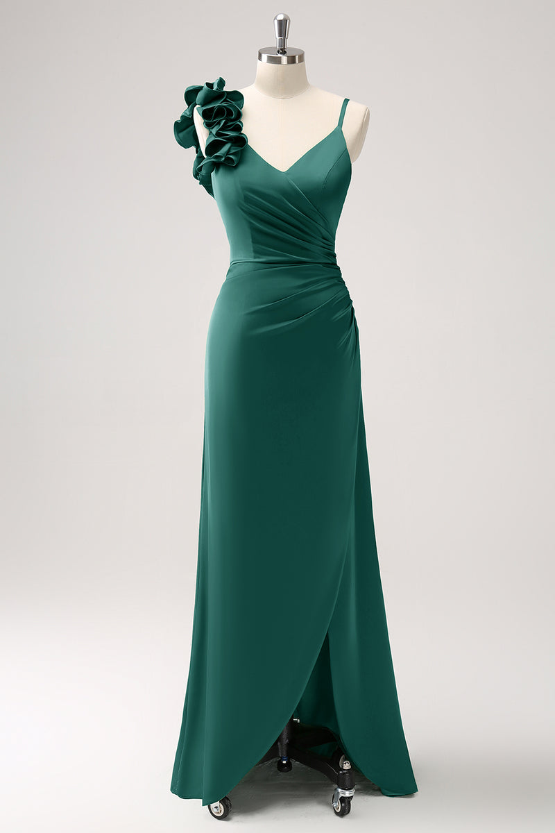 Load image into Gallery viewer, Olive Green Pleated Satin Bridesmaid Dress with Slit