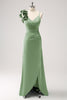 Load image into Gallery viewer, Olive Green Pleated Satin Bridesmaid Dress with Slit