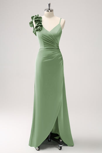 Olive Green Pleated Satin Bridesmaid Dress with Slit