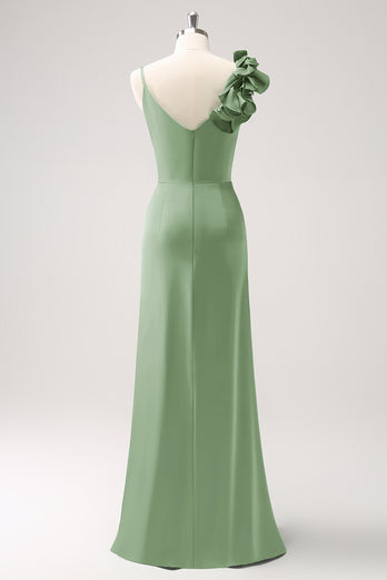 Olive Green Pleated Satin Bridesmaid Dress with Slit