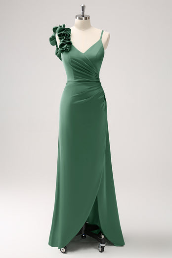 Olive Green Pleated Satin Bridesmaid Dress with Slit