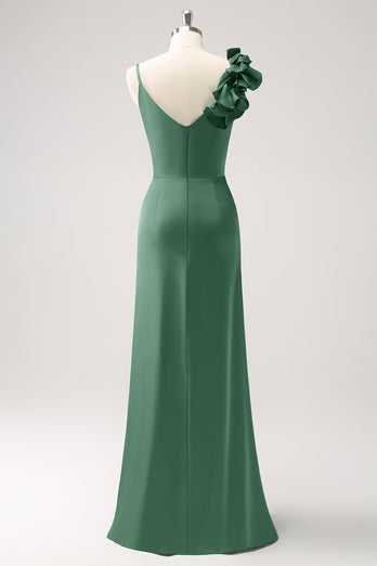 Olive Green Pleated Satin Bridesmaid Dress with Slit