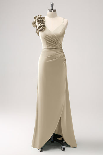 Olive Green Pleated Satin Bridesmaid Dress with Slit