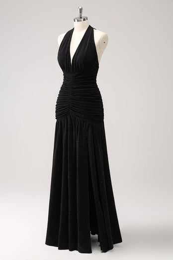 Glitter Black Halter Sheath Pleated Backless Bridesmaid Dress