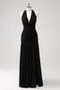 Load image into Gallery viewer, Black Halter Ruched Backless Long Bridesmaid Dress with Slit