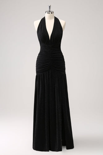 Glitter Black Halter Sheath Pleated Backless Bridesmaid Dress