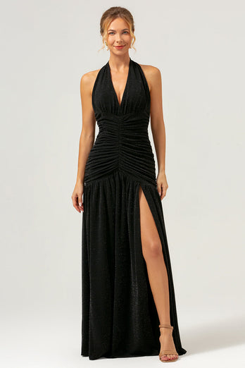 Black Halter Ruched Backless Long Bridesmaid Dress with Slit