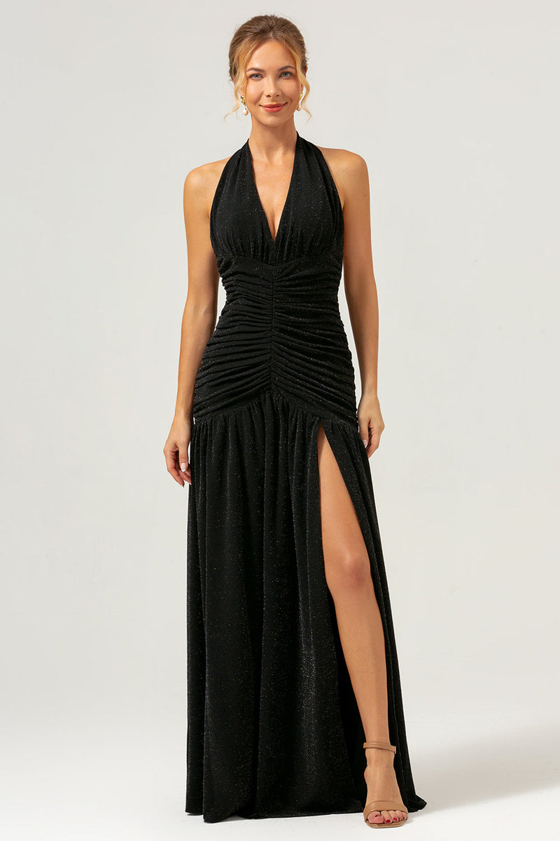 Load image into Gallery viewer, Black Halter Ruched Backless Long Bridesmaid Dress with Slit