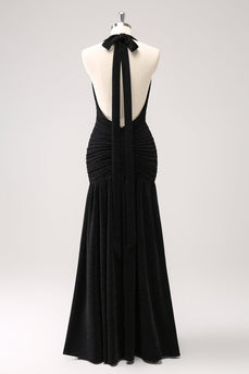 Glitter Black Halter Sheath Pleated Backless Bridesmaid Dress