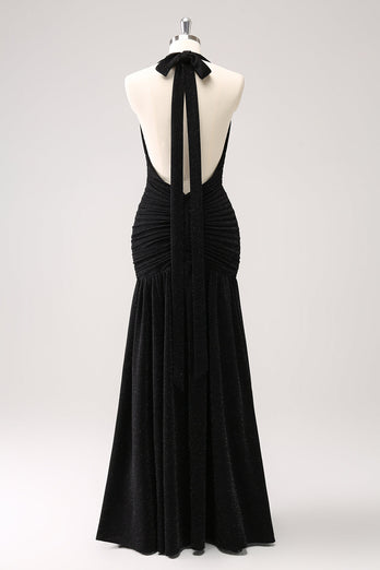 Black Halter Ruched Backless Long Bridesmaid Dress with Slit