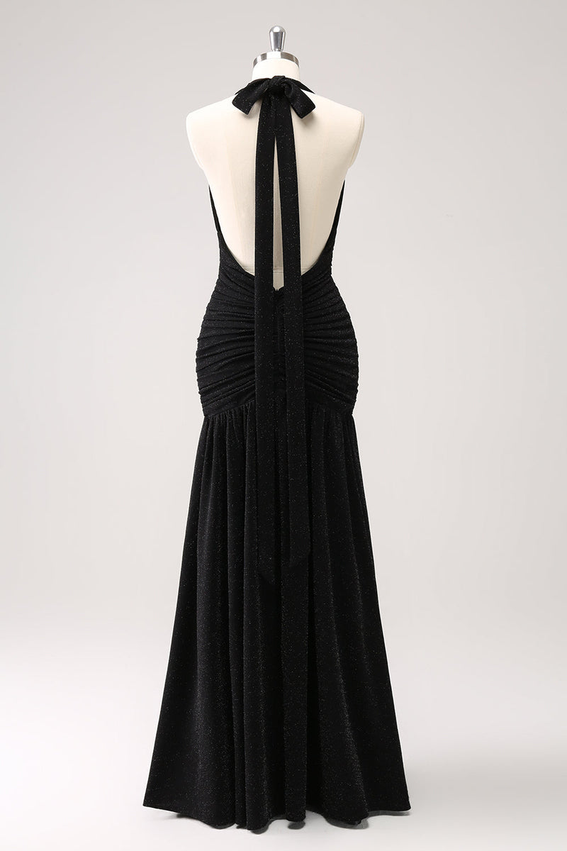 Load image into Gallery viewer, Glitter Black Halter Sheath Pleated Backless Bridesmaid Dress