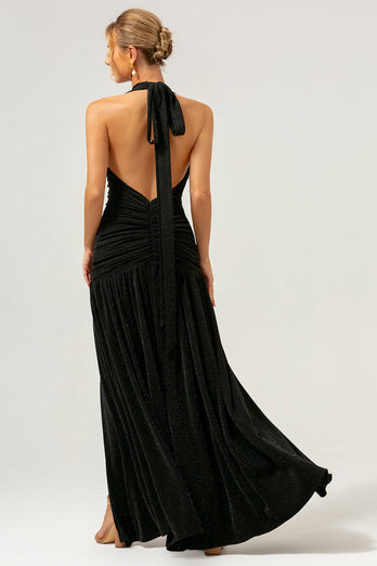 Glitter Black Halter Sheath Pleated Backless Bridesmaid Dress