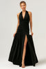 Load image into Gallery viewer, Black Halter Ruched Backless Long Bridesmaid Dress with Slit