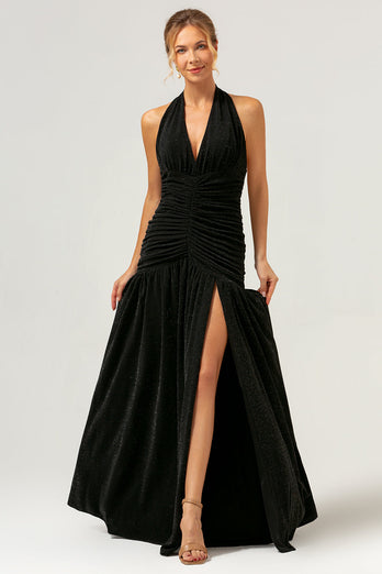 Black Halter Ruched Backless Long Bridesmaid Dress with Slit