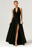 Black Halter Ruched Backless Long Bridesmaid Dress with Slit