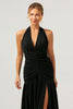 Load image into Gallery viewer, Black Halter Ruched Backless Long Bridesmaid Dress with Slit