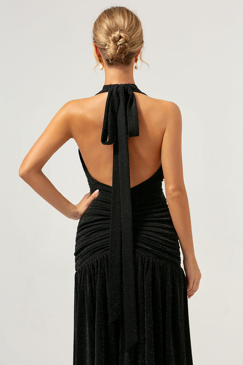 Load image into Gallery viewer, Black Halter Ruched Backless Long Bridesmaid Dress with Slit