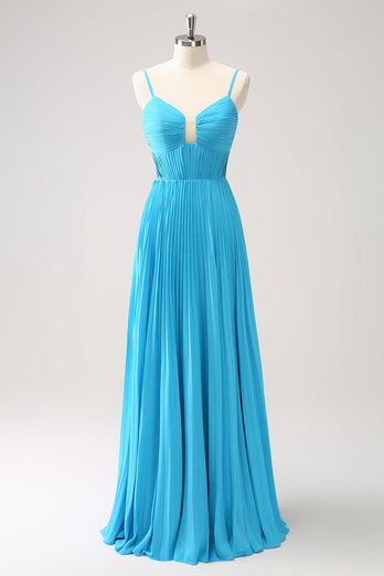 Peacock Blue A Line Pleated Spaghetti Straps Bridesmaid Dress