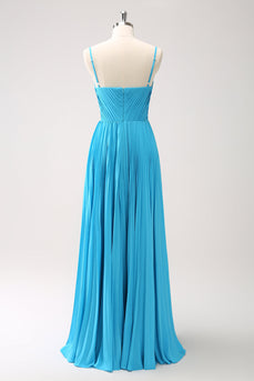 Peacock Blue A Line Pleated Spaghetti Straps Bridesmaid Dress