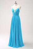 Peacock Blue A Line Pleated Spaghetti Straps Bridesmaid Dress