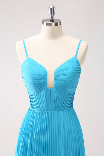 Peacock Blue A Line Pleated Spaghetti Straps Bridesmaid Dress