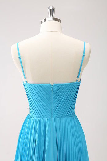 Peacock Blue A Line Pleated Spaghetti Straps Bridesmaid Dress