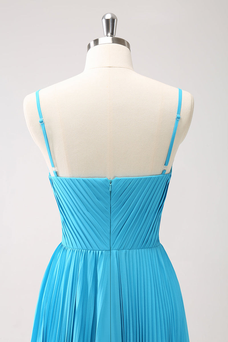 Load image into Gallery viewer, Peacock Blue A Line Pleated Spaghetti Straps Bridesmaid Dress