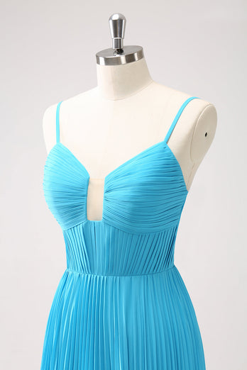 Peacock Blue A Line Pleated Spaghetti Straps Bridesmaid Dress