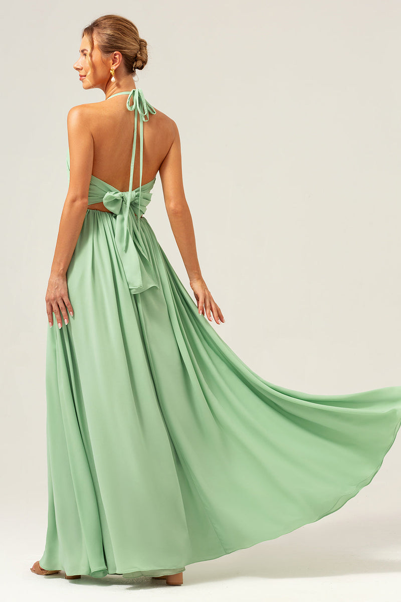 Load image into Gallery viewer, Light Green A Line Halter Backless Lace Up Long Bridesmaid Dress