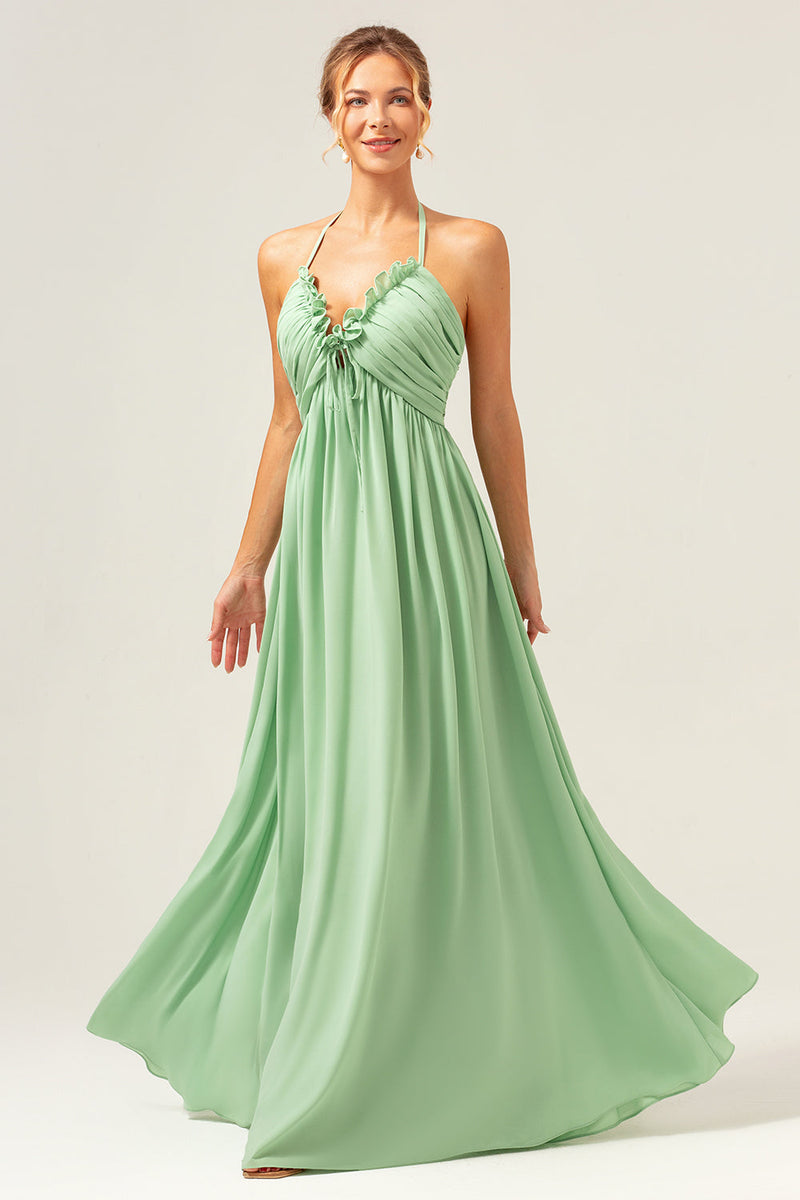 Load image into Gallery viewer, Light Green A Line Halter Backless Long Bridesmaid Dress with Lace Up Back