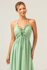 Load image into Gallery viewer, Light Green A Line Halter Backless Long Bridesmaid Dress with Lace Up Back