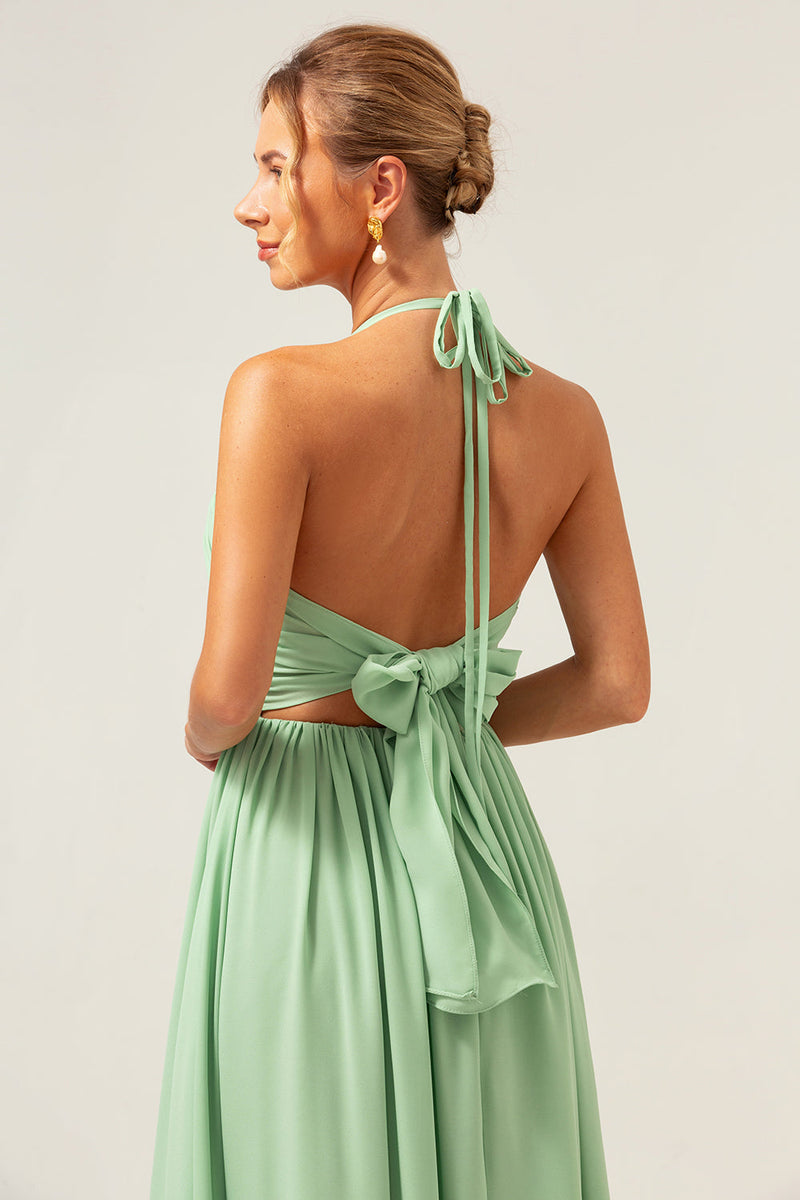 Load image into Gallery viewer, Light Green A Line Halter Backless Long Bridesmaid Dress with Lace Up Back