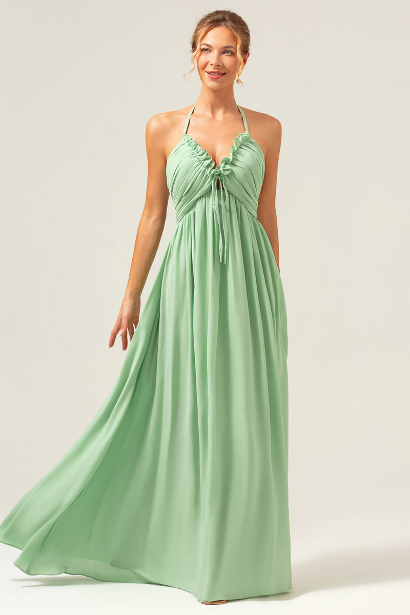 Load image into Gallery viewer, Light Green A Line Halter Backless Lace Up Long Bridesmaid Dress