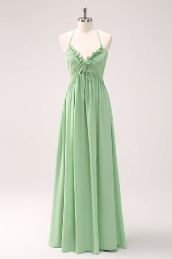 Light Green A Line Halter Backless Long Bridesmaid Dress with Lace Up Back