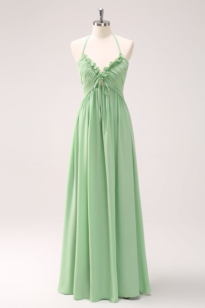 Load image into Gallery viewer, Light Green A Line Halter Backless Long Bridesmaid Dress with Lace Up Back