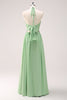 Load image into Gallery viewer, Light Green A Line Halter Backless Lace Up Long Bridesmaid Dress