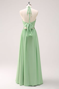 Light Green A Line Halter Backless Lace Up Long Bridesmaid Dress