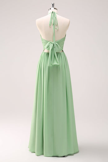 Light Green A Line Halter Backless Long Bridesmaid Dress with Lace Up Back