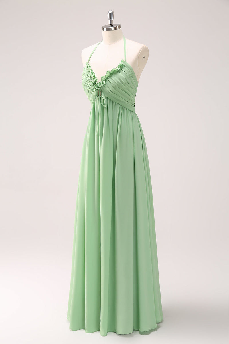 Load image into Gallery viewer, Light Green A Line Halter Backless Lace Up Long Bridesmaid Dress