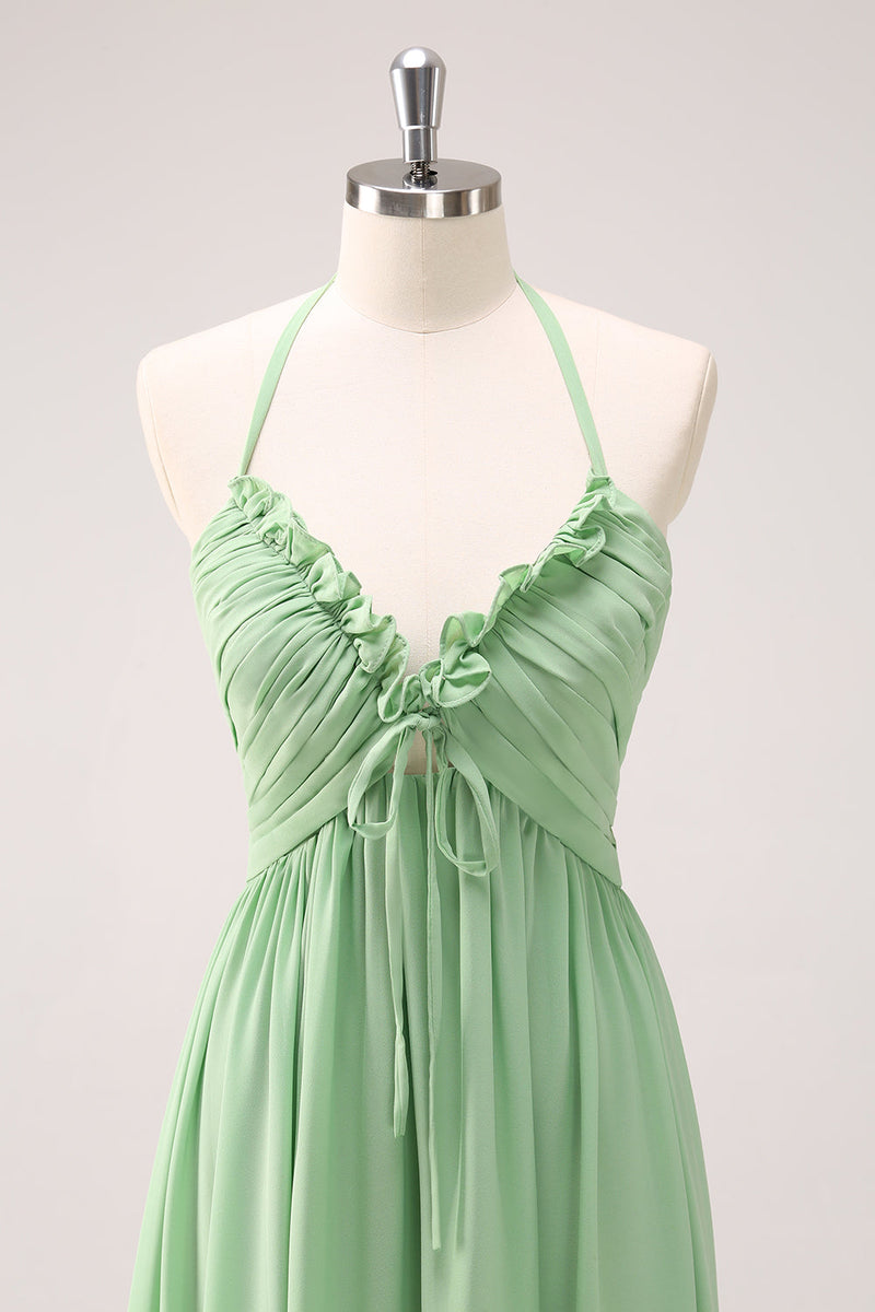 Load image into Gallery viewer, Light Green A Line Halter Backless Lace Up Long Bridesmaid Dress