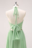 Load image into Gallery viewer, Light Green A Line Halter Backless Lace Up Long Bridesmaid Dress