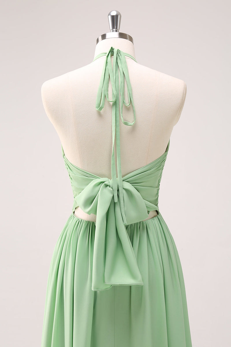 Load image into Gallery viewer, Light Green A Line Halter Backless Lace Up Long Bridesmaid Dress