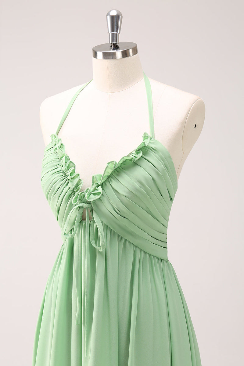 Load image into Gallery viewer, Light Green A Line Halter Backless Lace Up Long Bridesmaid Dress