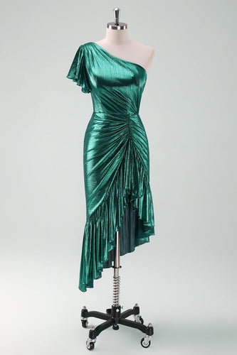 Dark Green Metallic One Shoulder Mermaid Graduation Dress with Ruffles